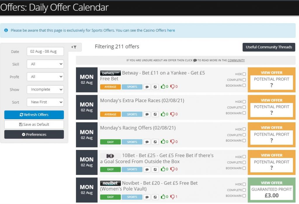 Oddsmonkey daily offers