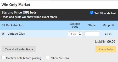 Vintage Glen SP bet with Min Odds