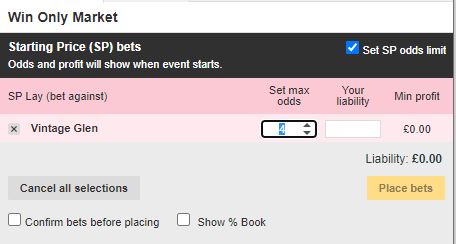 Vintage Glen Lay at SP with Odds Limit